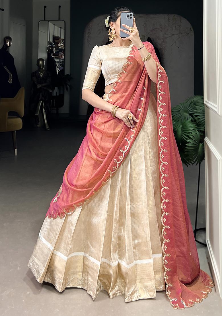 White Embroiderd Jacquard Lehenga Set - Indya