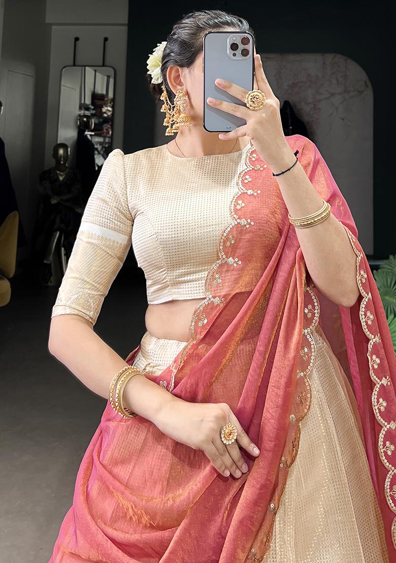 White Embroiderd Jacquard Lehenga Set - Indya