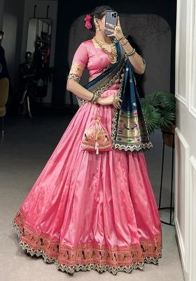 Pink Embroiderd Silk Lehenga Set