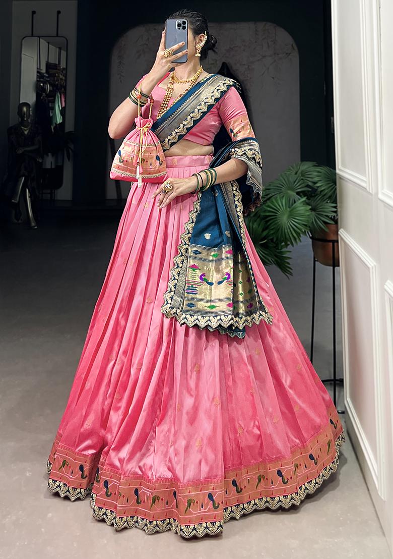 Pink Embroiderd Silk Lehenga Set - Indya