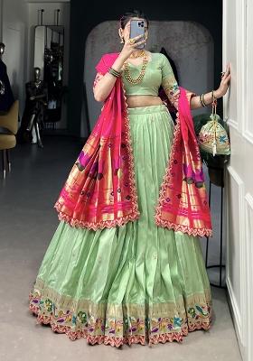 Green Embroiderd Silk Lehenga Set