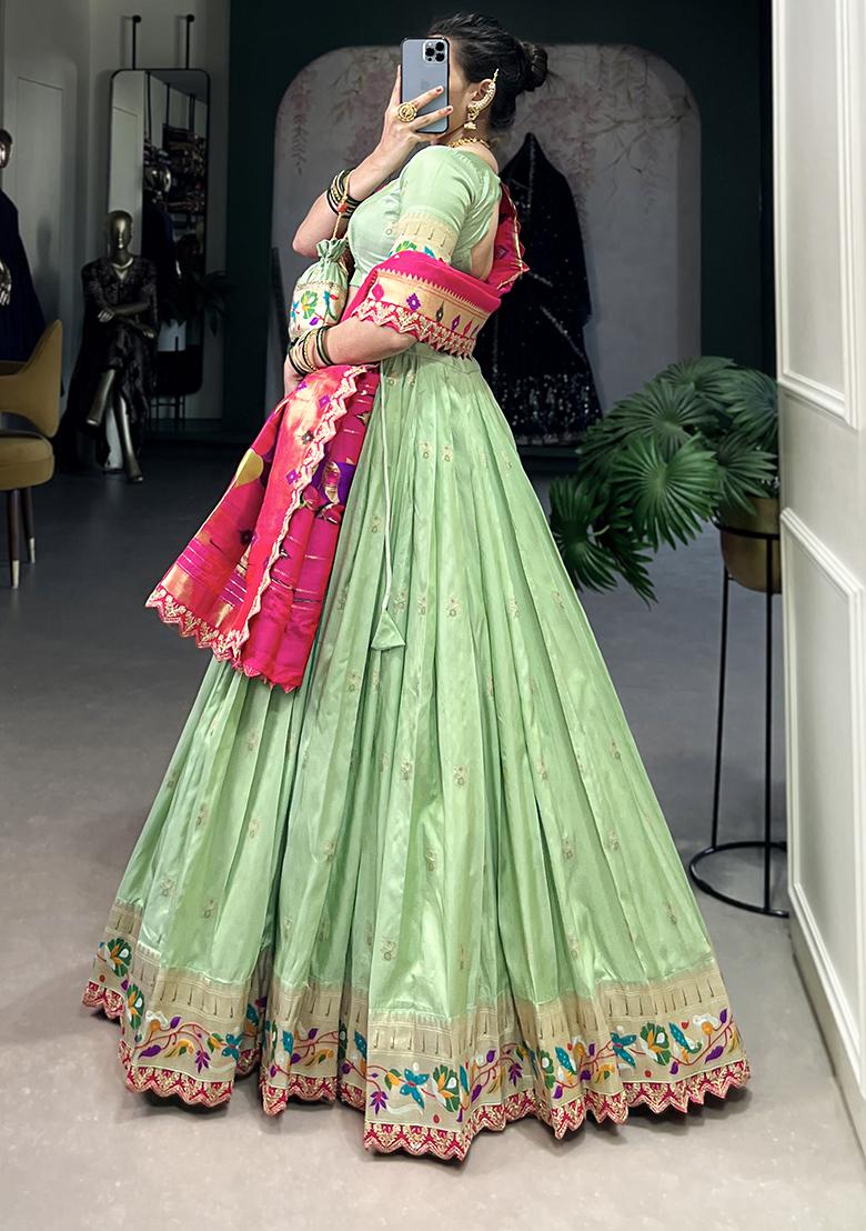 Green Embroiderd Silk Lehenga Set - Indya