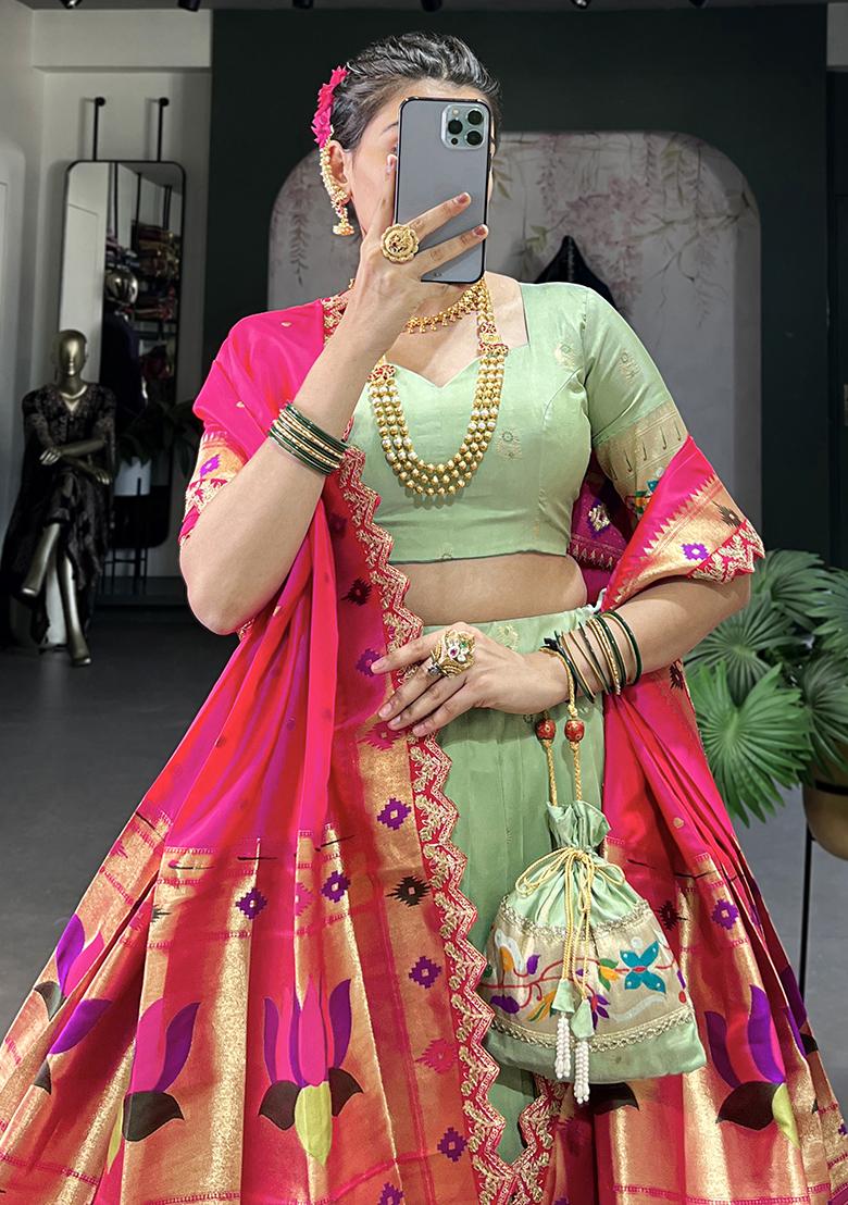 Green Embroiderd Silk Lehenga Set - Indya