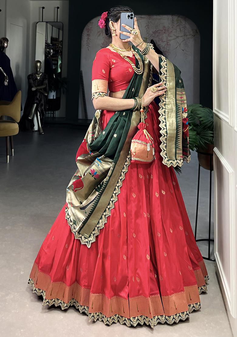 Red Embroiderd Silk Lehenga Set - Indya