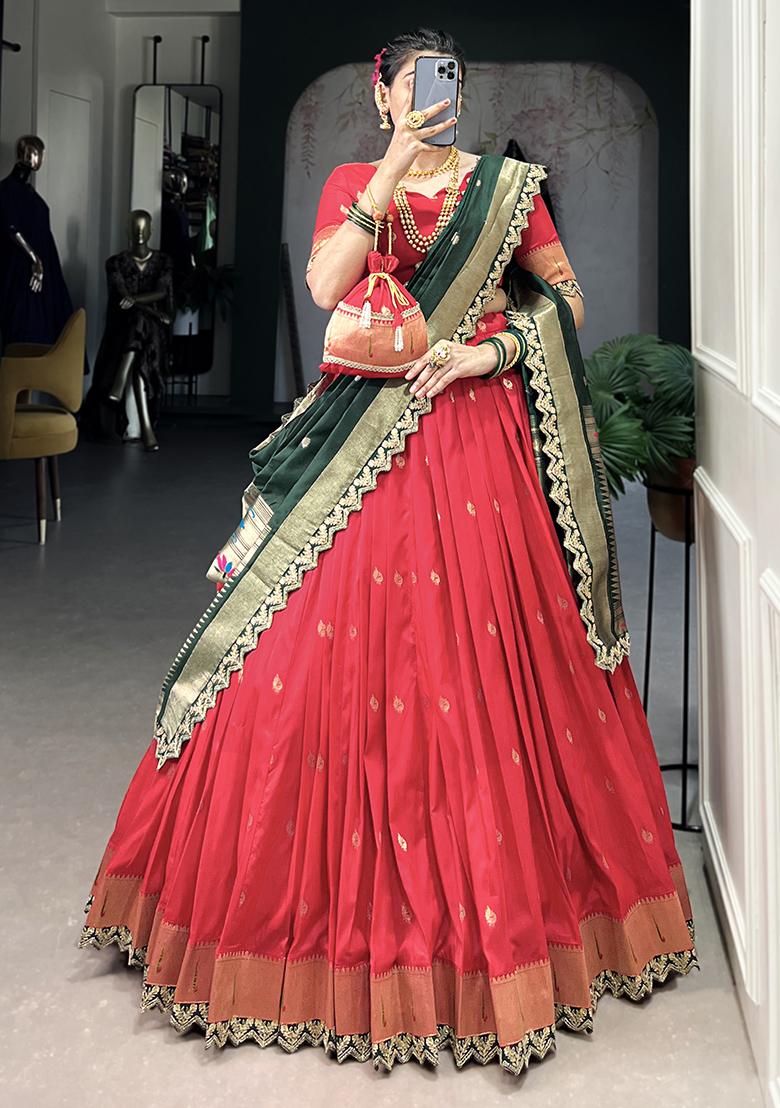 Red Embroiderd Silk Lehenga Set - Indya