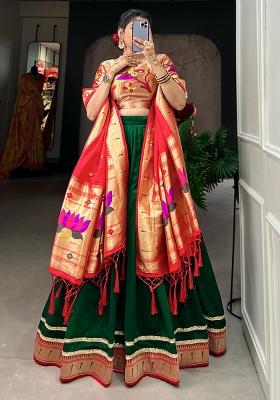 Green Embroiderd Silk Lehenga Set