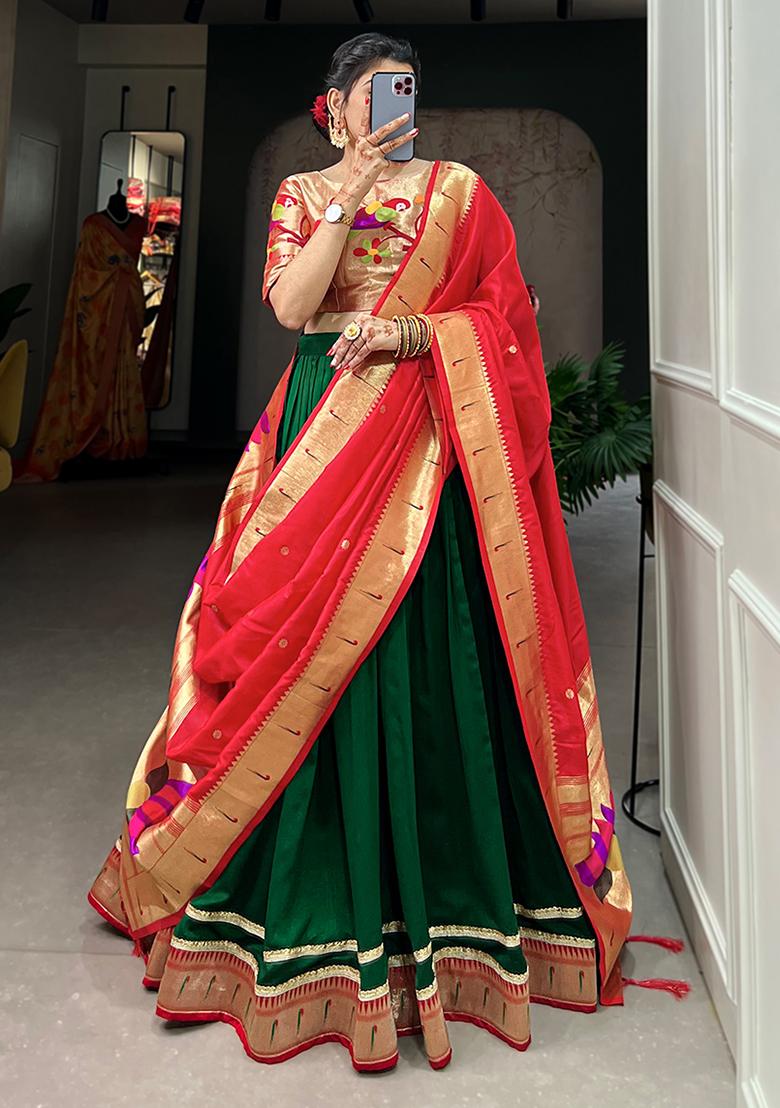 Green Embroiderd Silk Lehenga Set - Indya