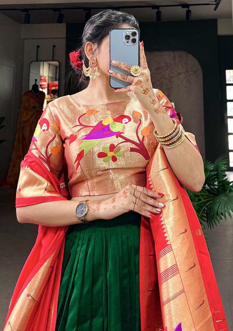 Green Embroiderd Silk Lehenga Set - Indya