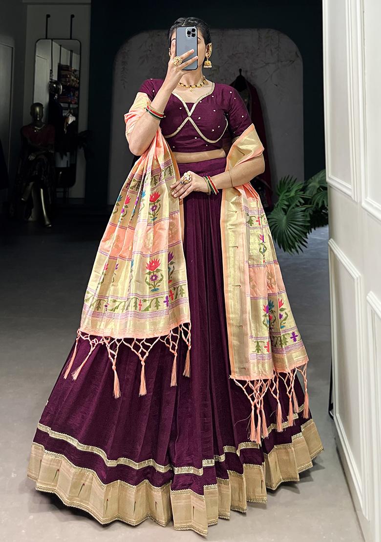 Wine Embroiderd Silk Lehenga Set - Indya