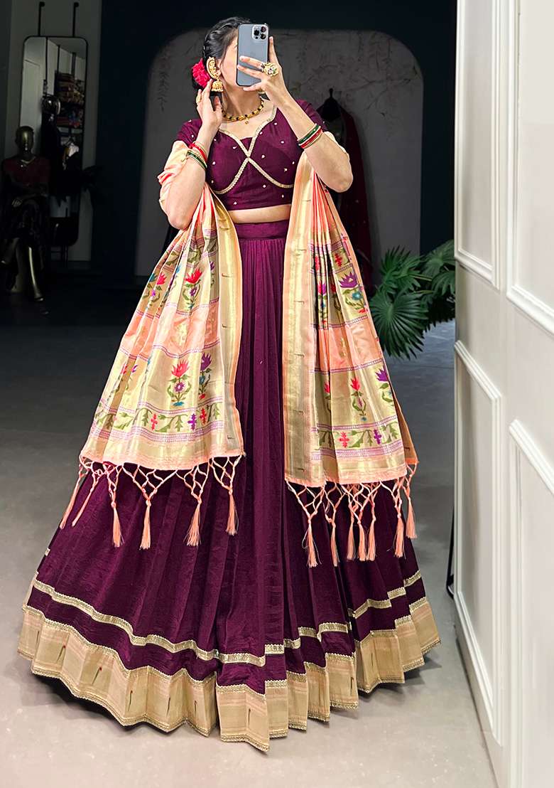 Wine Embroiderd Silk Lehenga Set - Indya