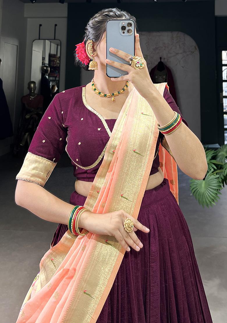 Wine Embroiderd Silk Lehenga Set - Indya