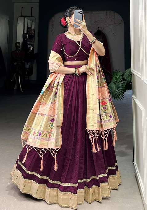 Wine Embroiderd Silk Lehenga Set