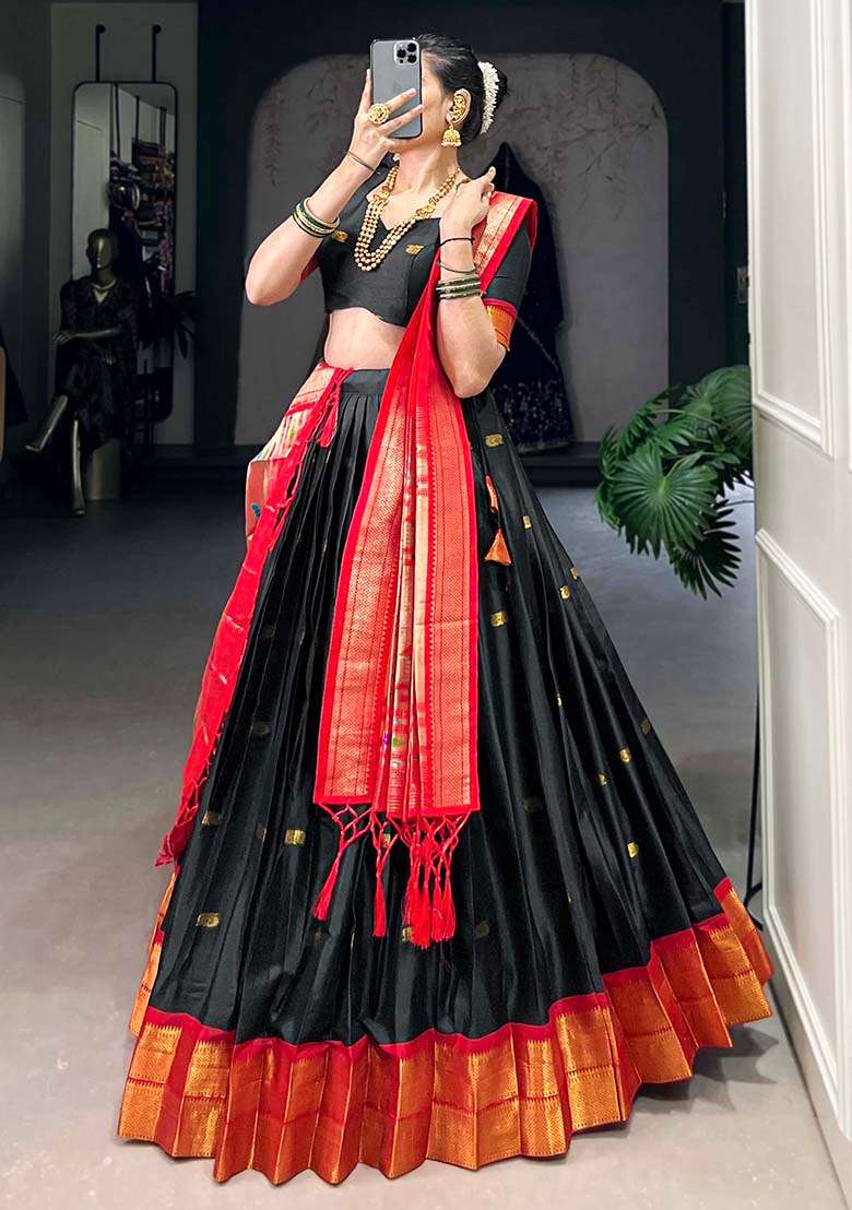 Black Embroiderd Silk Lehenga Set - Indya