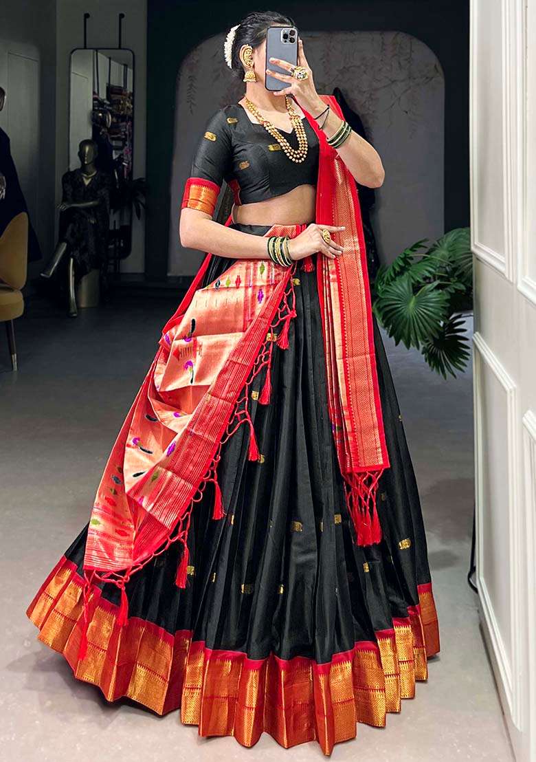 Black Embroiderd Silk Lehenga Set - Indya
