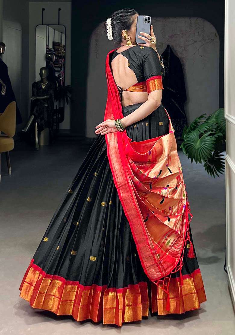 Black Embroiderd Silk Lehenga Set - Indya