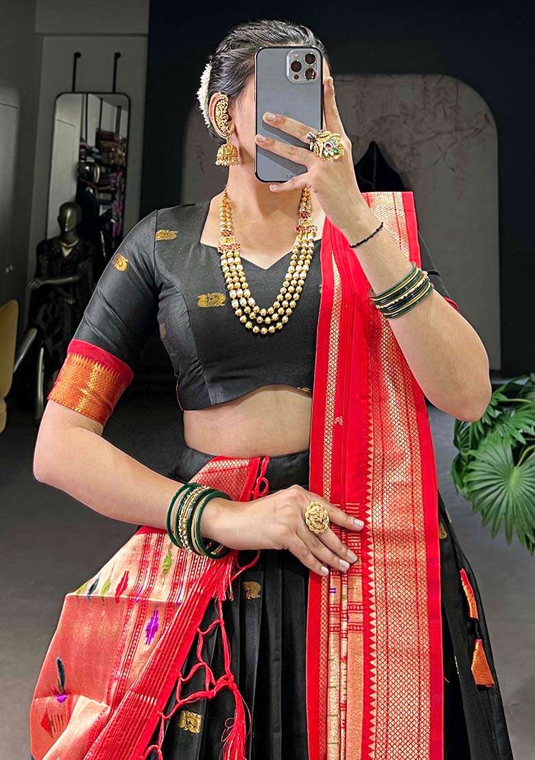 Black Embroiderd Silk Lehenga Set - Indya
