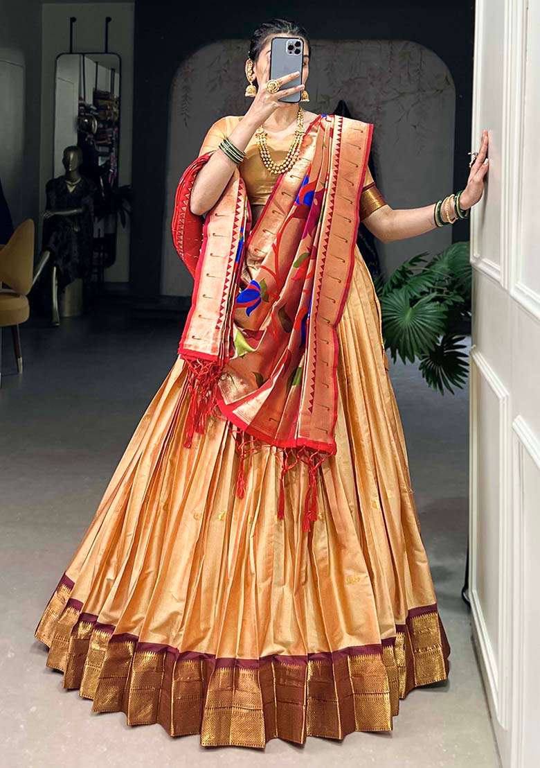 Brown Embroiderd Silk Lehenga Set - Indya