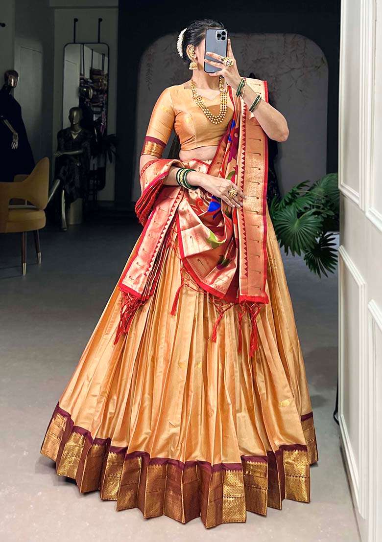 Brown Embroiderd Silk Lehenga Set - Indya