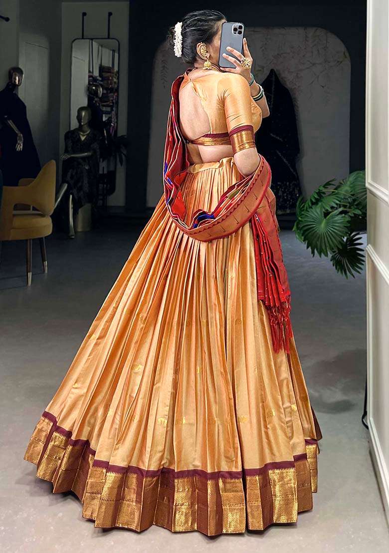 Brown Embroiderd Silk Lehenga Set - Indya