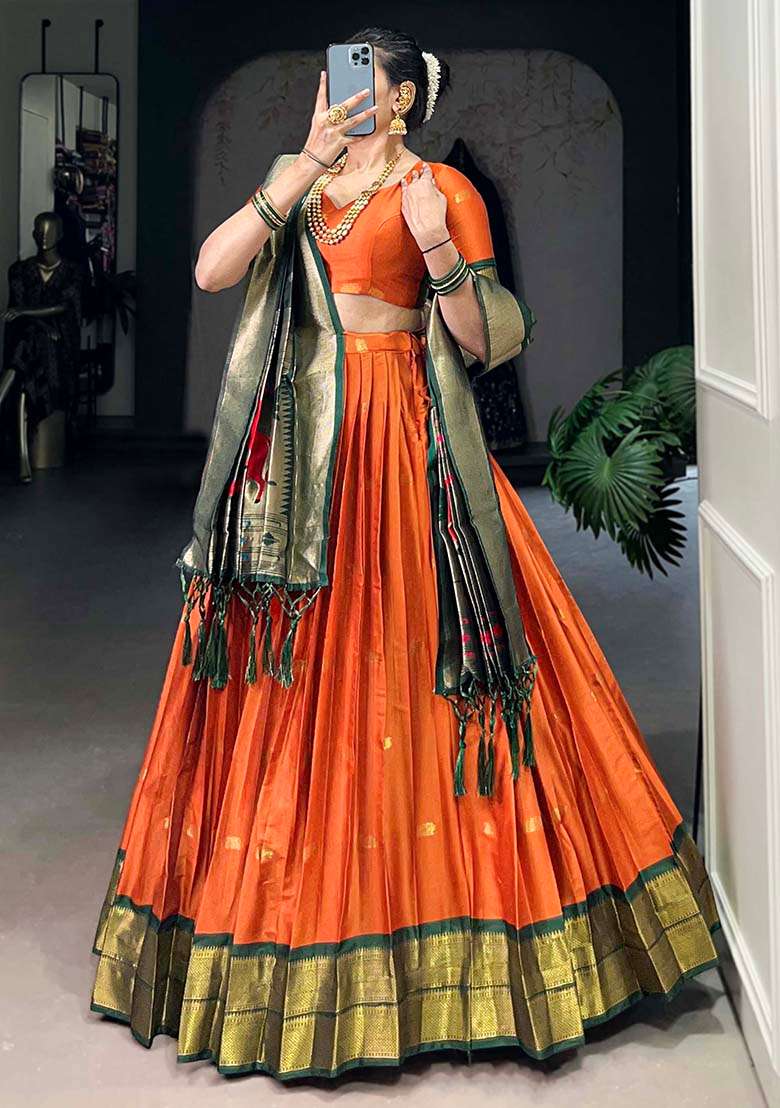 Orange Embroiderd Silk Lehenga Set - Indya
