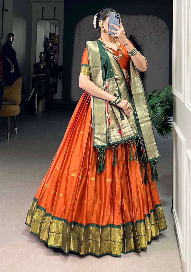 Orange Embroiderd Silk Lehenga Set - Indya
