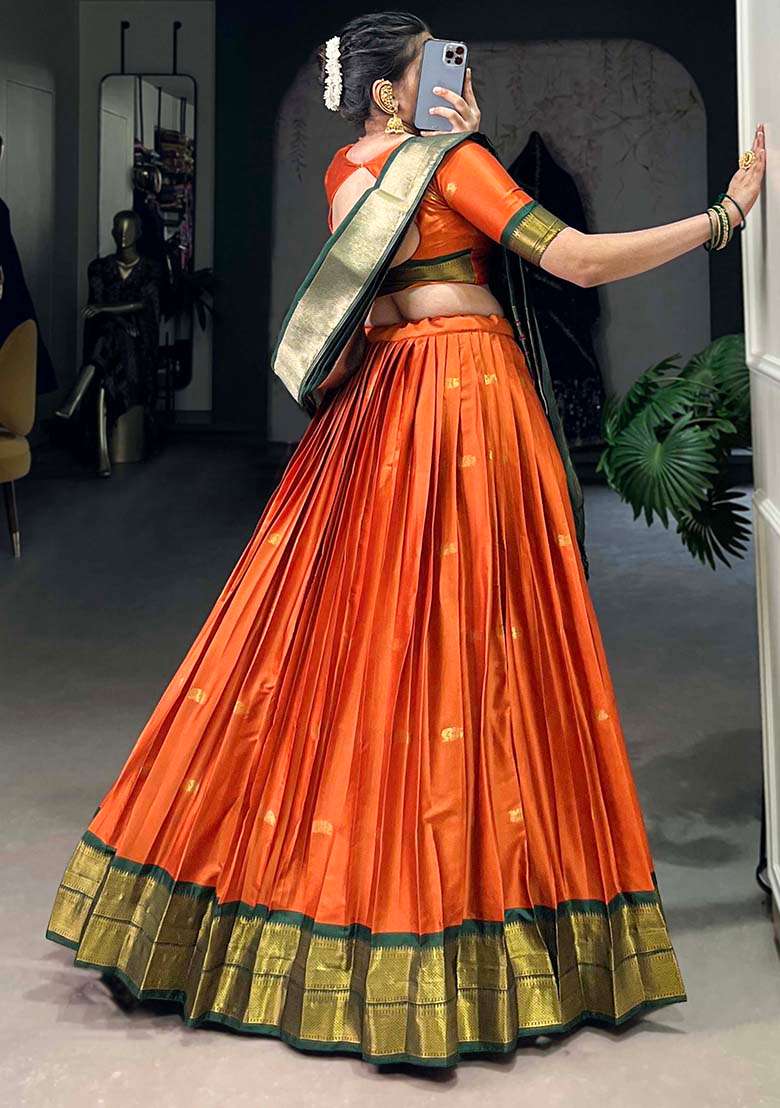 Orange Embroiderd Silk Lehenga Set - Indya