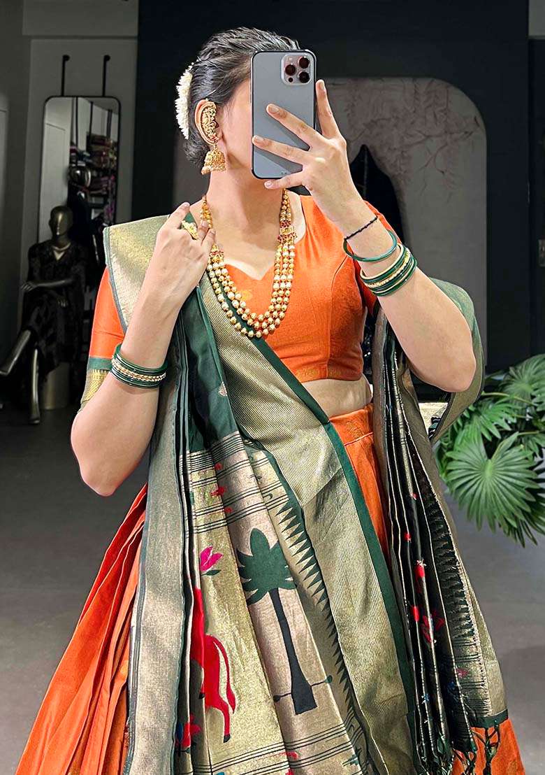Orange Embroiderd Silk Lehenga Set - Indya