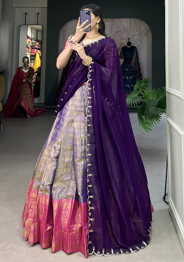 Blue Embroiderd Blended Lehenga Set - Indya