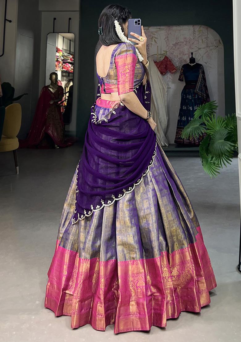 Blue Embroiderd Blended Lehenga Set - Indya