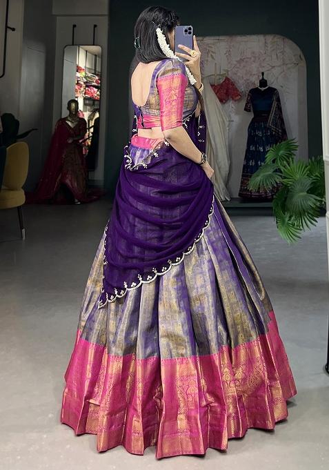 Blue Embroiderd Blended Lehenga Set