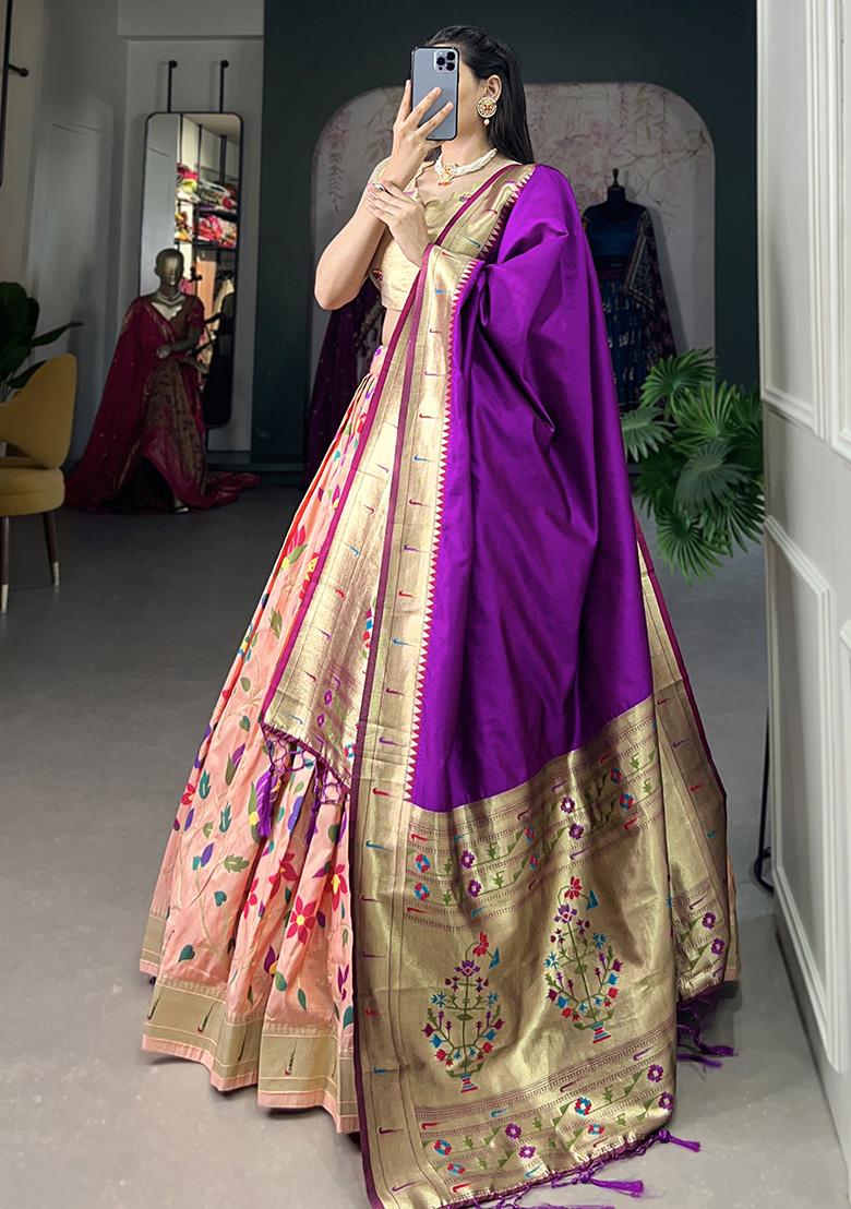 Peach Embroiderd Silk Lehenga Set - Indya