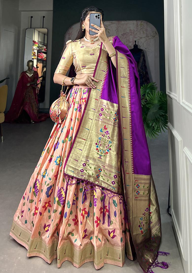 Peach Embroiderd Silk Lehenga Set - Indya