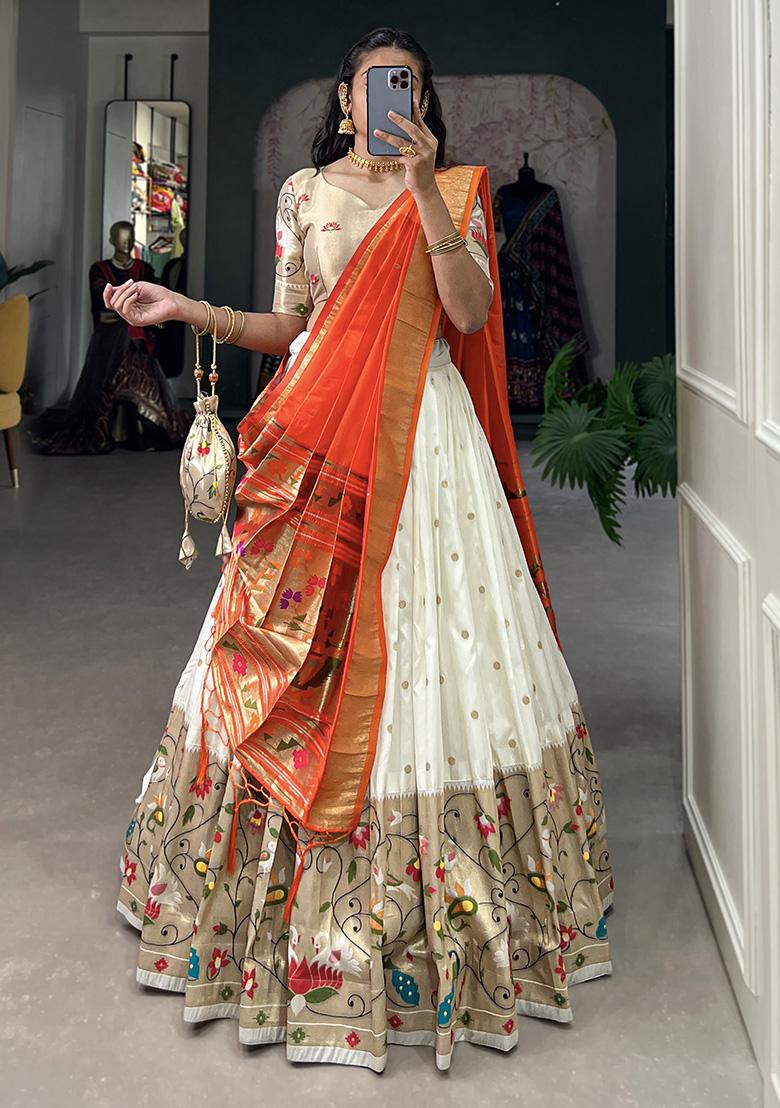 White Embroiderd Silk Lehenga Set - Indya