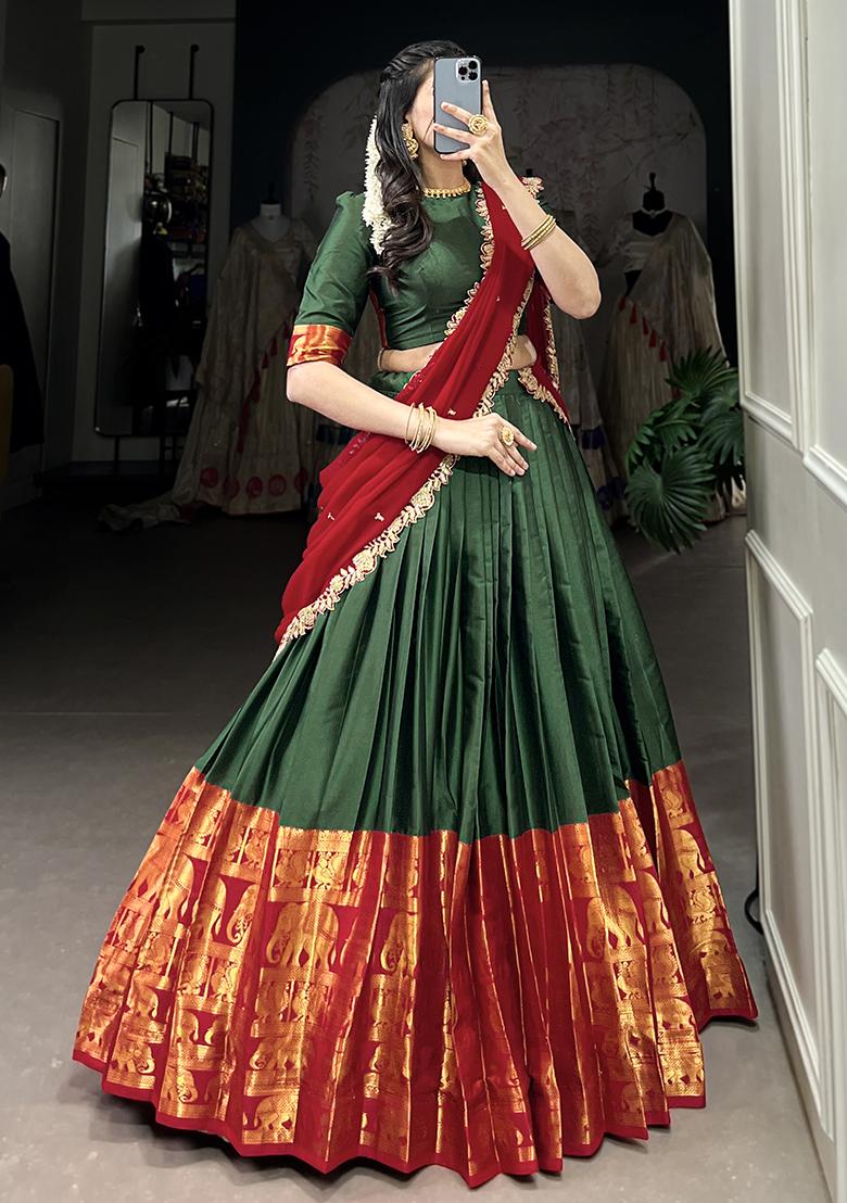 Green Embroiderd Blended Lehenga Set - Indya