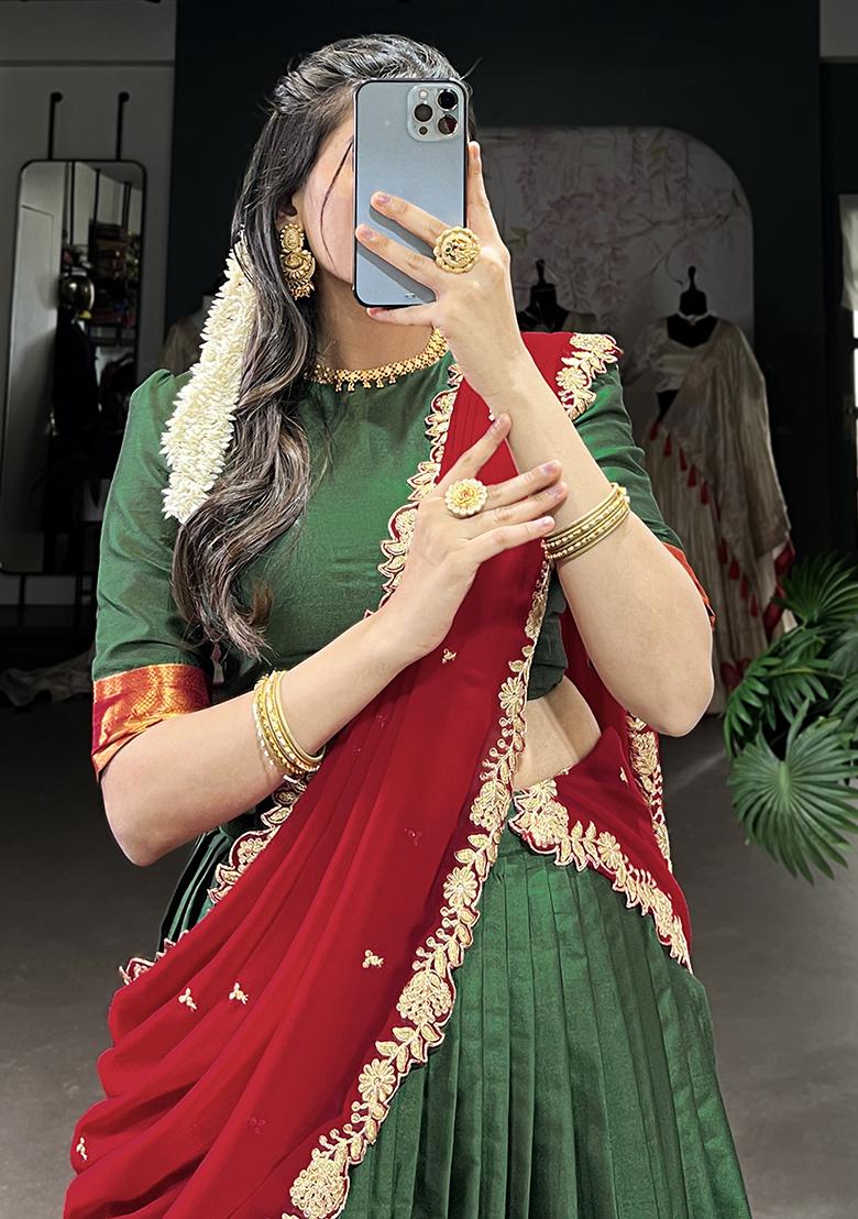 Green Embroiderd Blended Lehenga Set - Indya