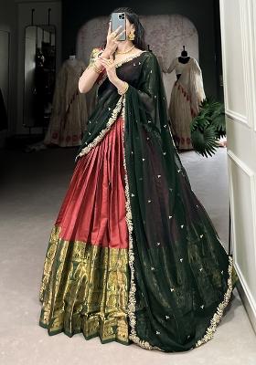 Red Embroiderd Blended Lehenga Set