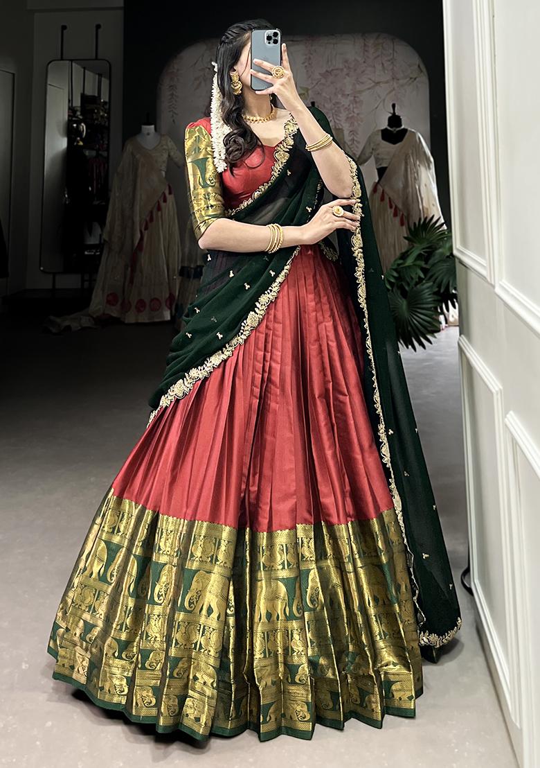 Red Embroiderd Blended Lehenga Set - Indya