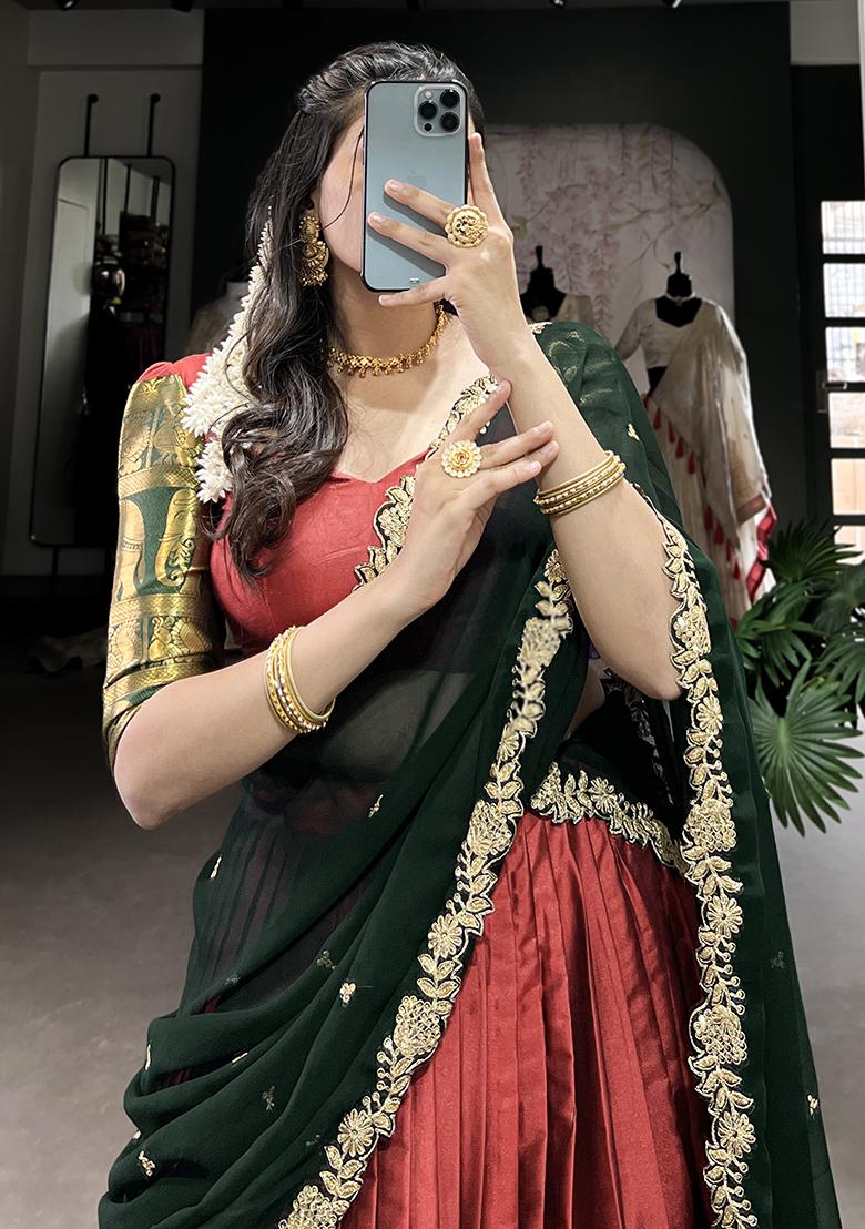 Red Embroiderd Blended Lehenga Set - Indya