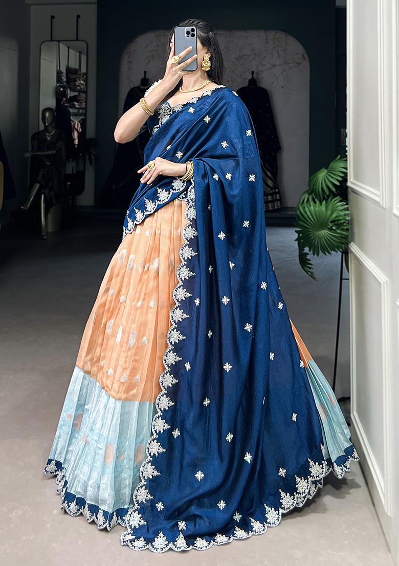 Orange Embroiderd Blended Lehenga Set