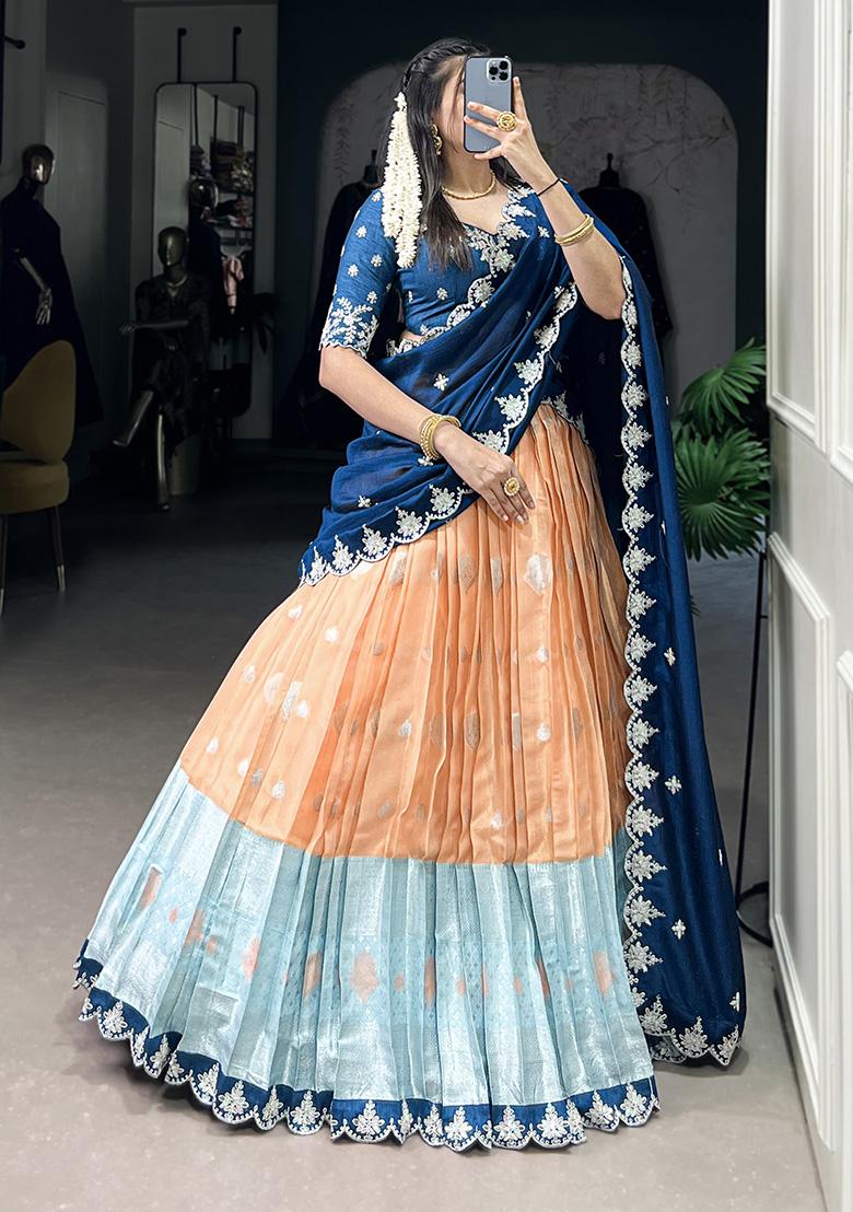 Orange Embroiderd Blended Lehenga Set - Indya