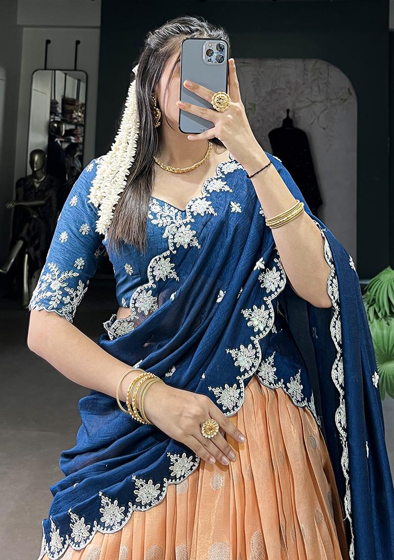 Orange Embroiderd Blended Lehenga Set - Indya