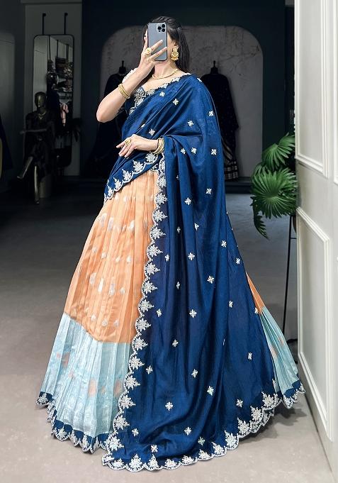 Orange Embroiderd Blended Lehenga Set