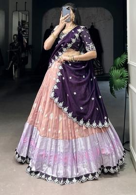 Peach Embroiderd Blended Lehenga Set