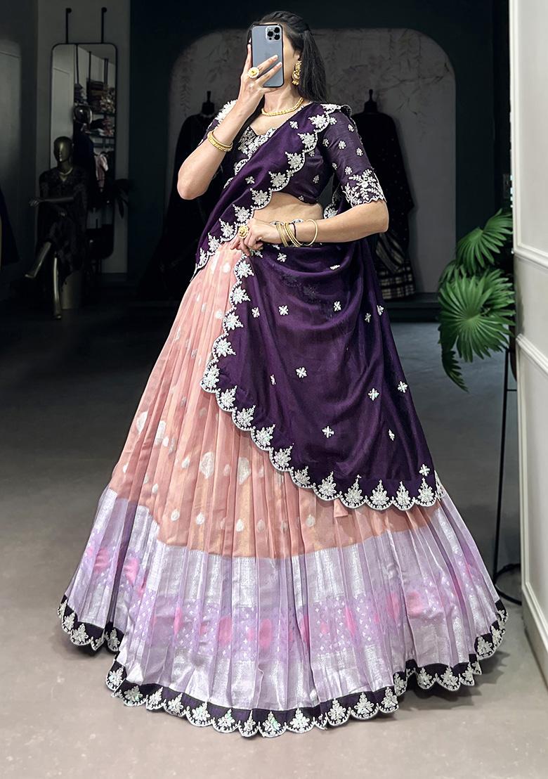 Peach Embroiderd Blended Lehenga Set