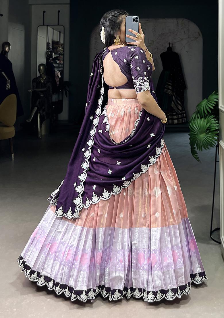 Peach Embroiderd Blended Lehenga Set