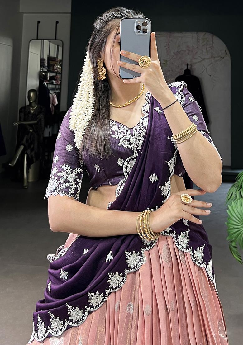 Peach Embroiderd Blended Lehenga Set - Indya