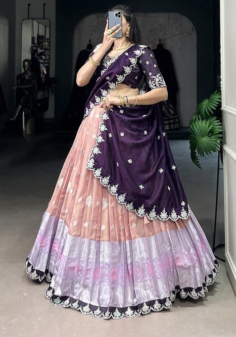 Peach Embroiderd Blended Lehenga Set