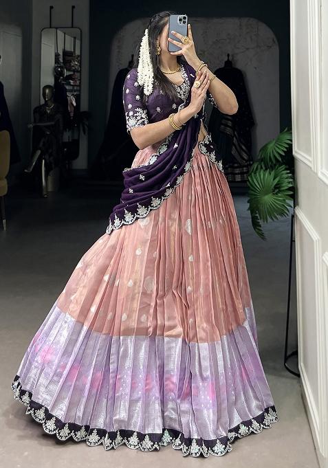 Peach Embroiderd Blended Lehenga Set