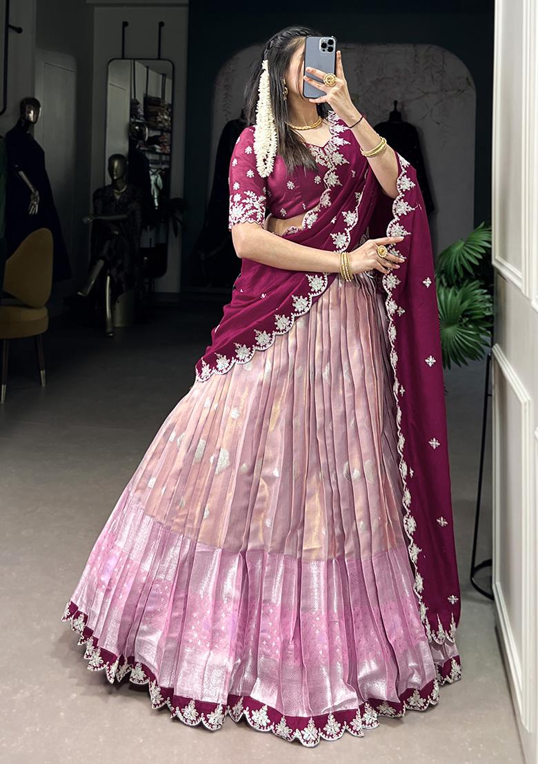 Pink Embroiderd Blended Lehenga Set - Indya
