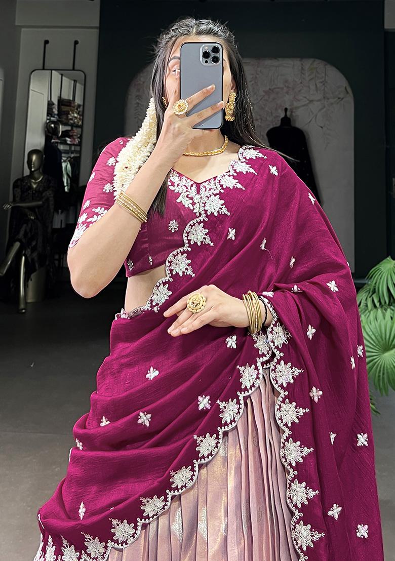 Pink Embroiderd Blended Lehenga Set - Indya